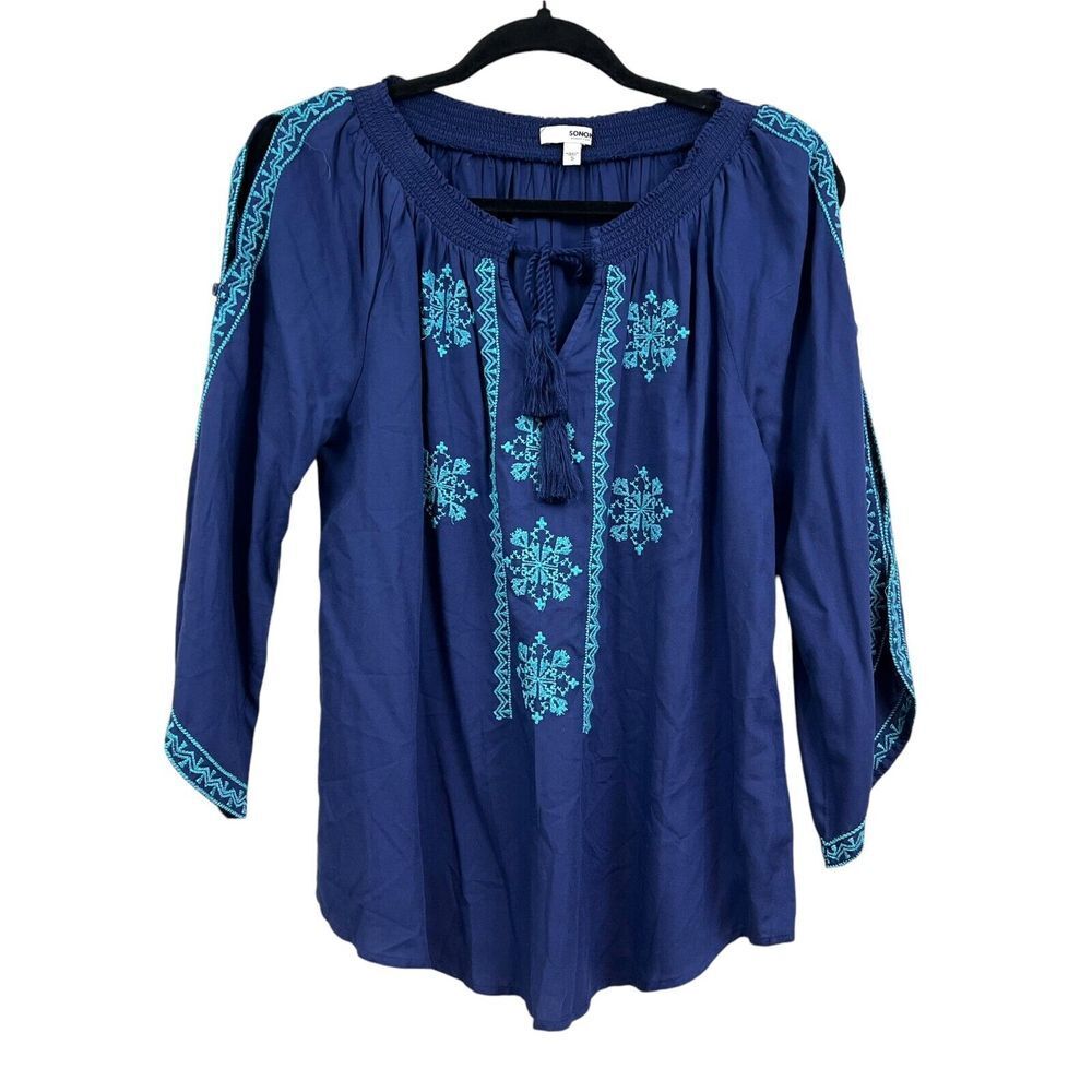 Sonoma Womens Tunic Top Blouse Boho Embroidered 3/4 Flare Sleeve Blue Teal Sz S*